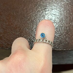 Silver Chain Ring with Blue Evil Eye